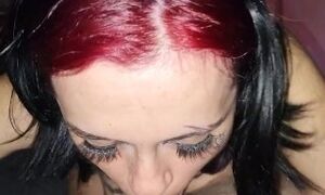 Tattooed Redhead Goth Mommy loves giving sloppy Blowjob[ HER ROOMMATE WALKS IN ]