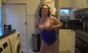 Wife with Big Breasts Dancing in Tight Blue Swimsuit