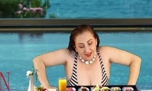 Regina Noir. Tits teasing at swimming pool. Nudist hotel. Nudism outdoors.
