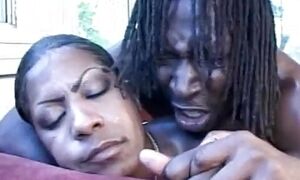 Black babe with alarge ass blows a fat black cock and gets her pussy pounded