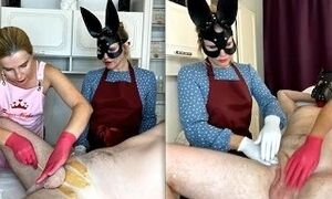 Russian SugarNadya And Her Assistant Are Deep Waxing A Man'S Big Dick And Anus