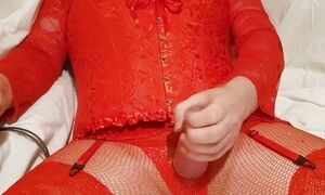 Crossdresser CorsetLoverCD wanks and cums in all red lingerie